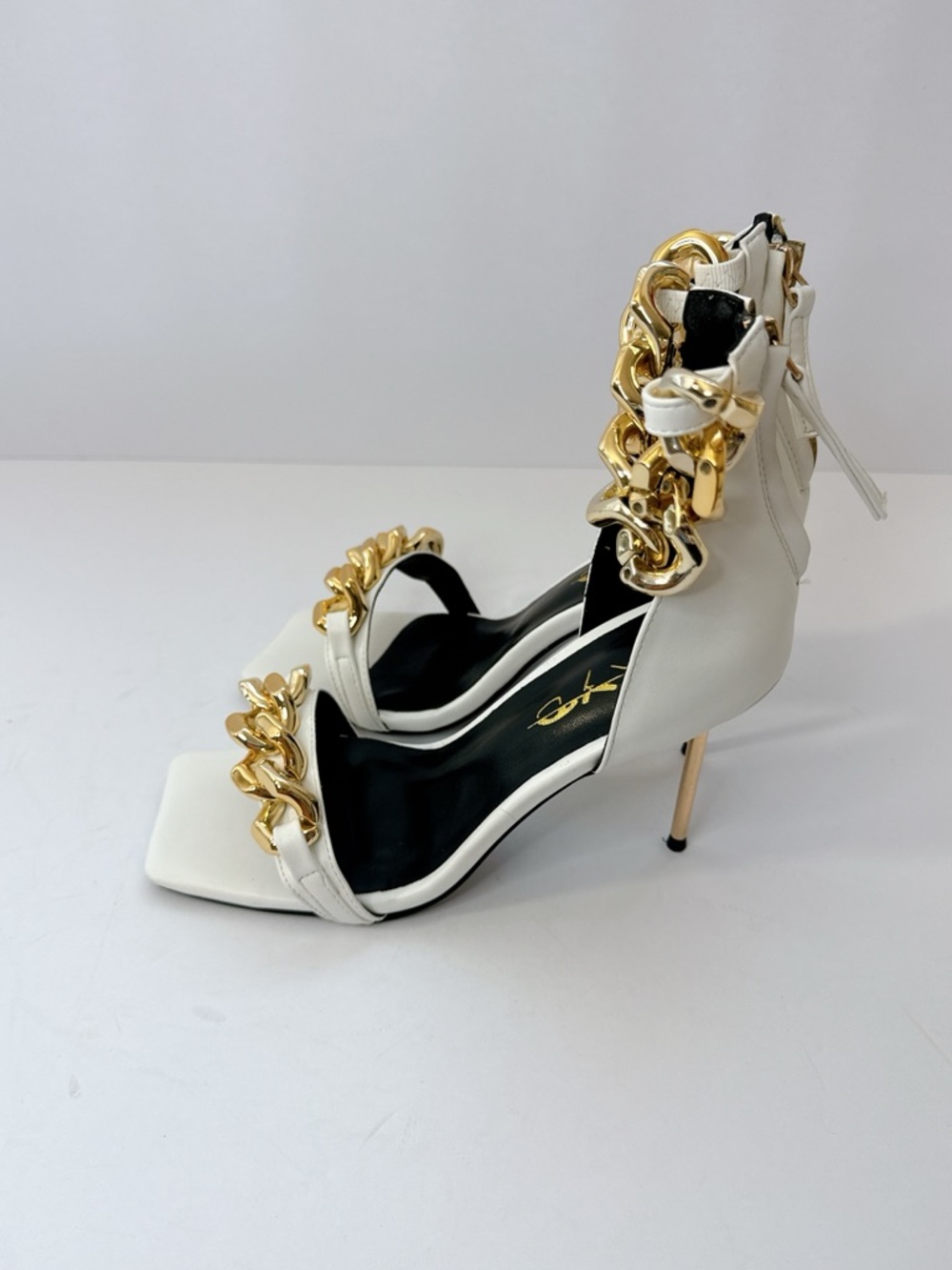 Size 7 White Gold Chain Stiletto Heels Women’s Square Toe Ankle Strap Pumps - Picture 5 of 11